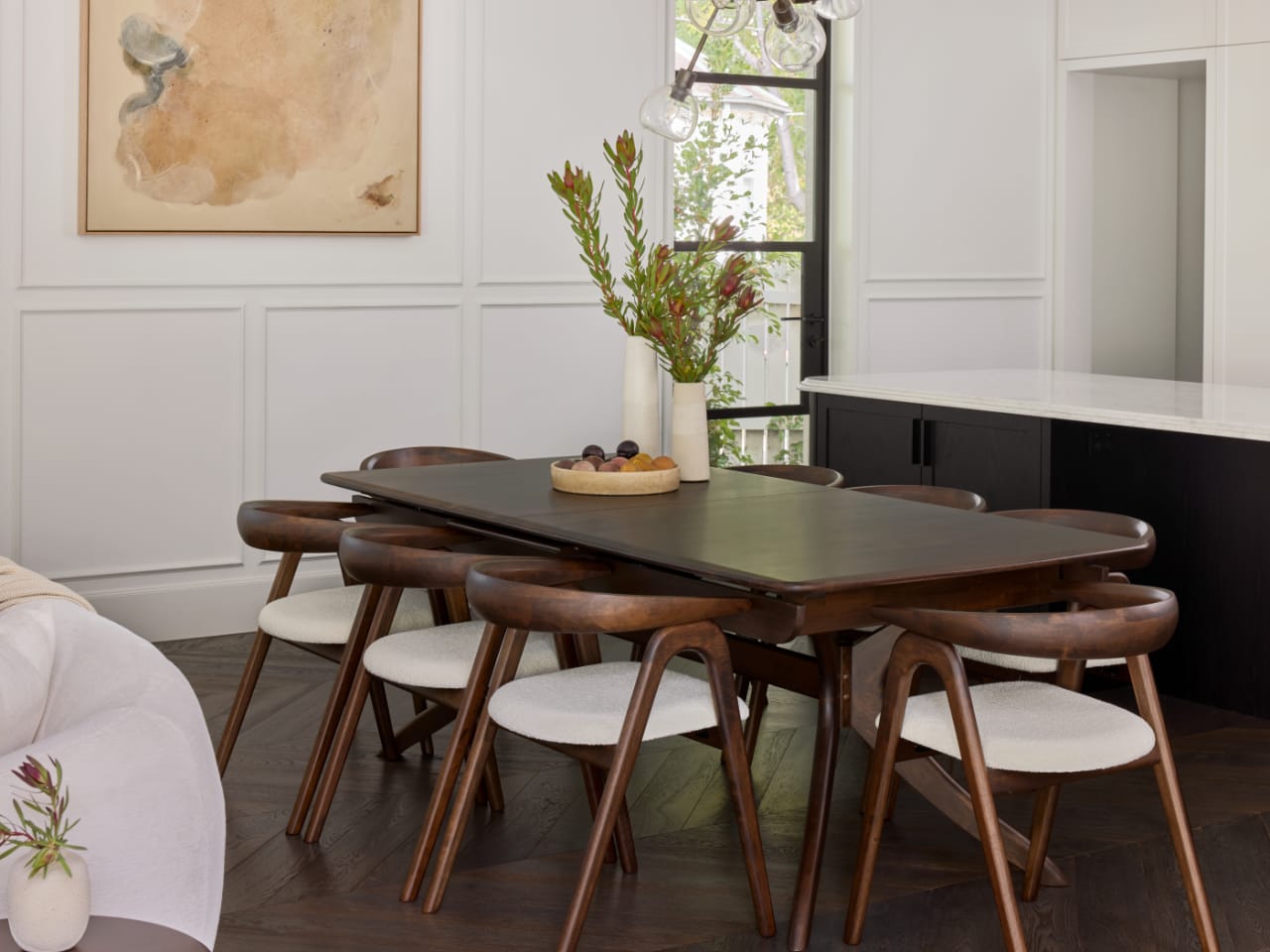 Manor 9PCE Extendable Dining Set | Arabica Walnut | Boucle Fabric