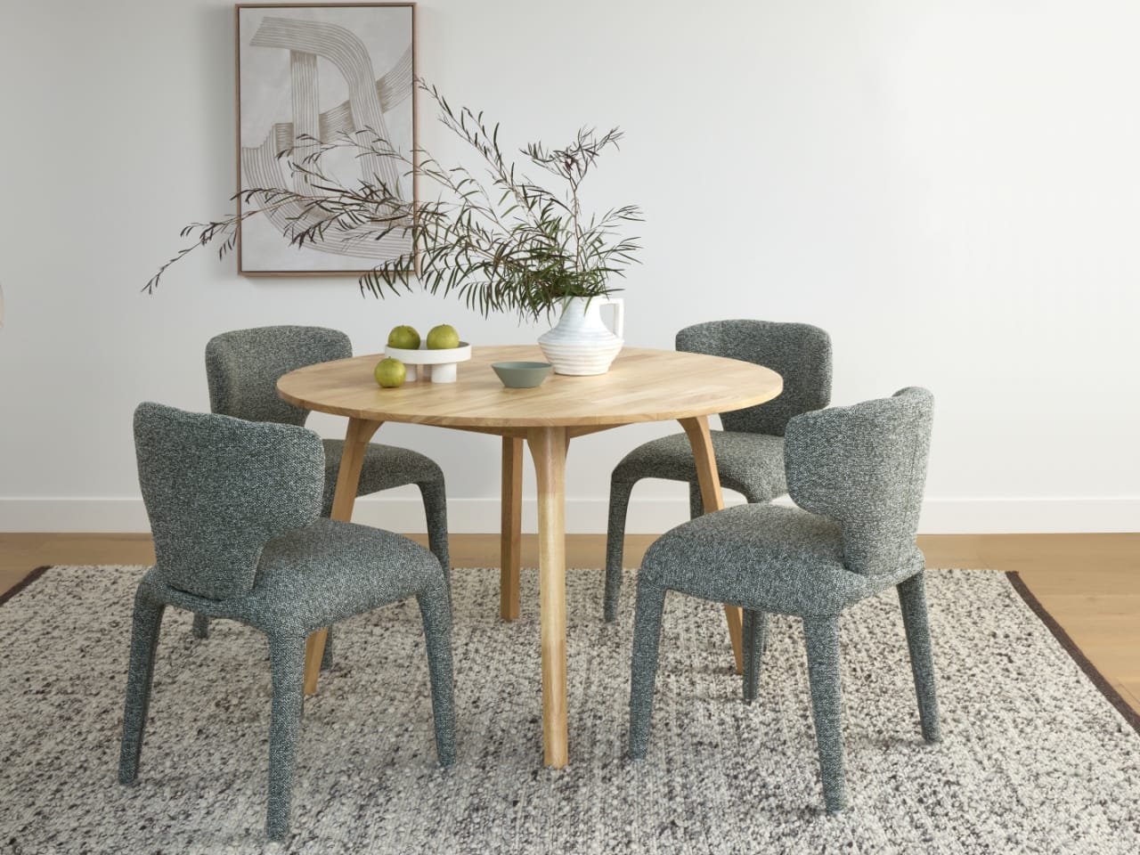 Paris 5PCE Round Natural Dining Set | Sage Green Boucle Fabric