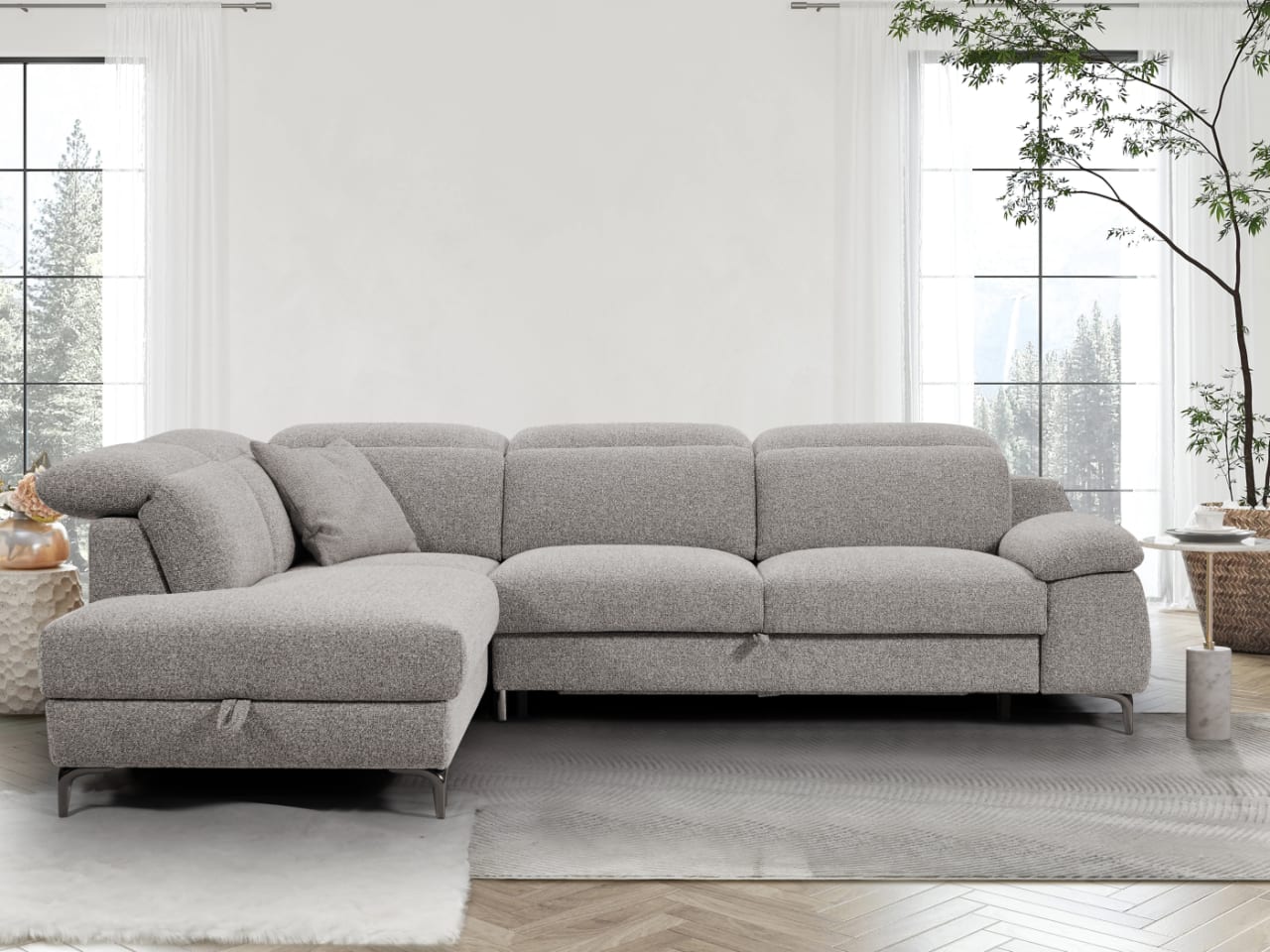 Sydney Boucle Beige Sofa Bed with Storage | Left Chaise