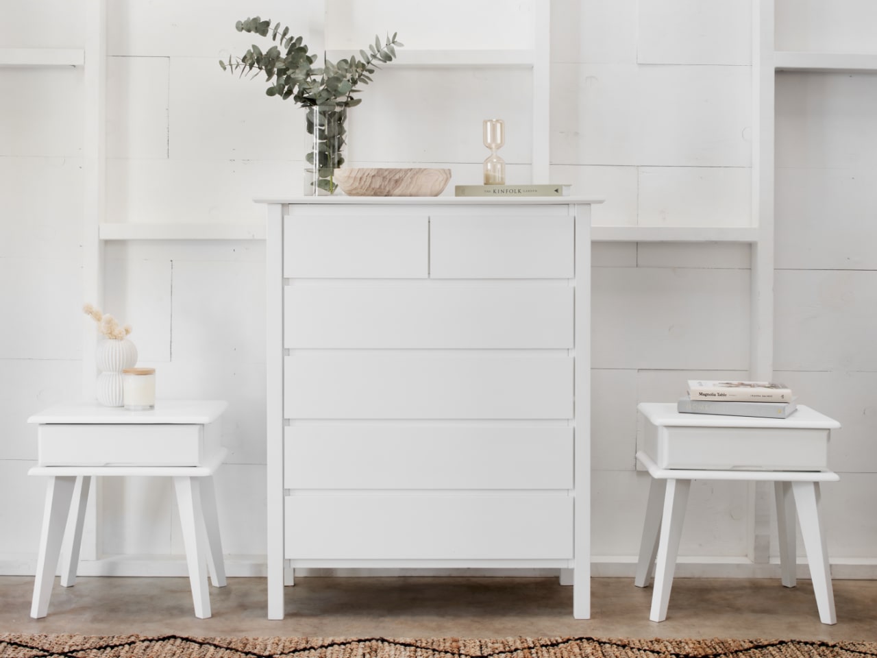 Ari 3PCE White Tallboy & Bedside Tables Set