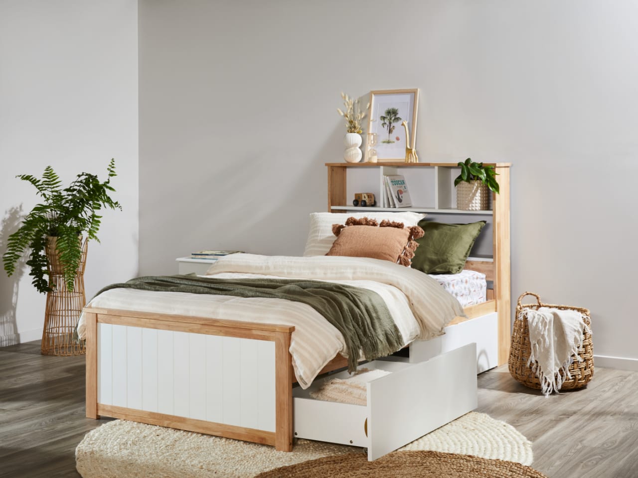 Myer King Single Bed with Storage | Natural Hardwood Frame