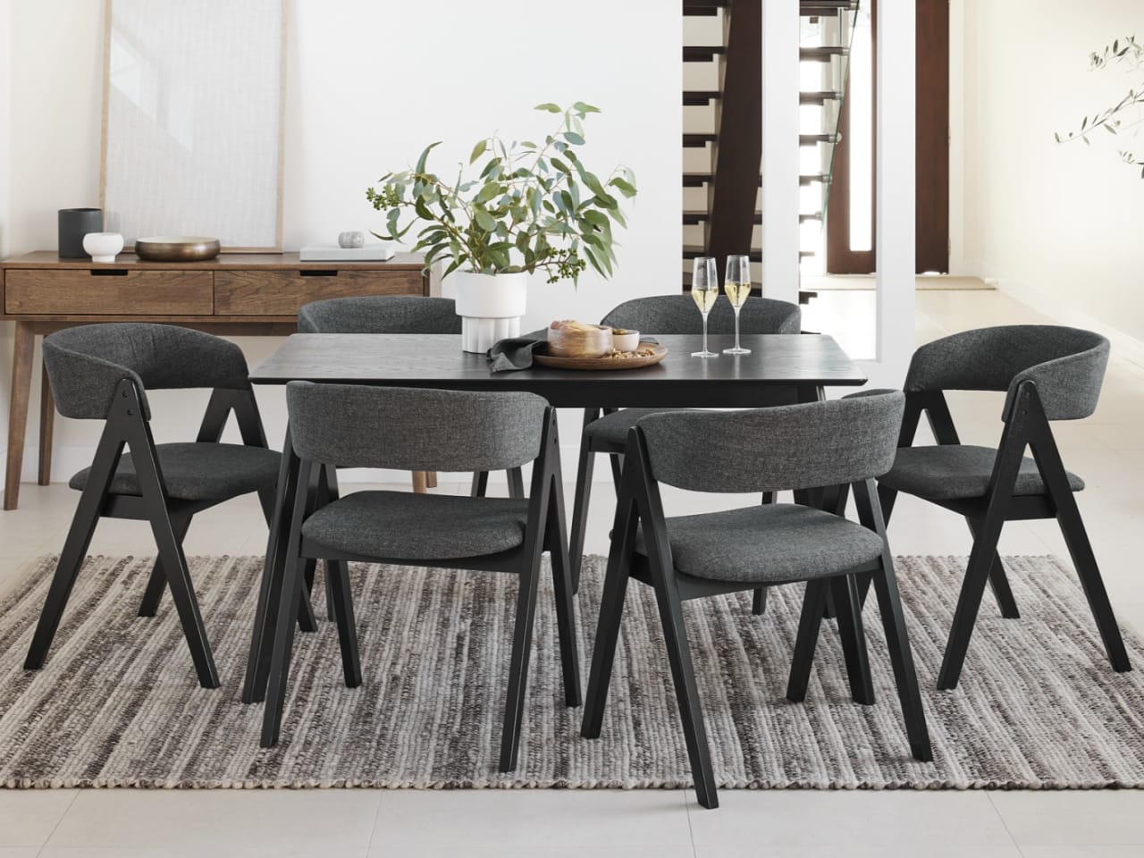 Cannes 7PCE Hardwood Black Dining Set | Charcoal Fabric