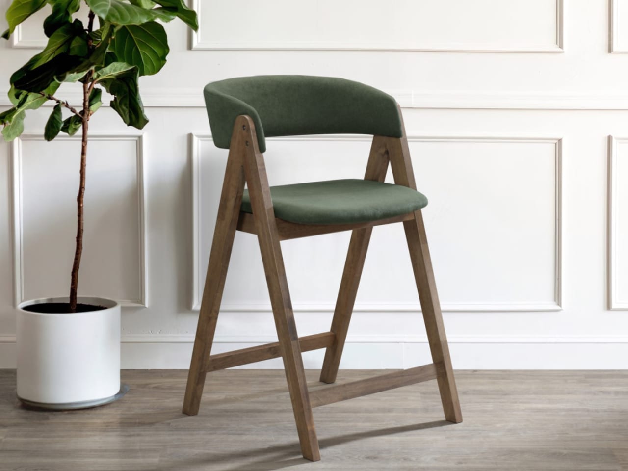 Gaudi Hardwood Counter Bar Stool | Rustic Walnut | Green Fabric