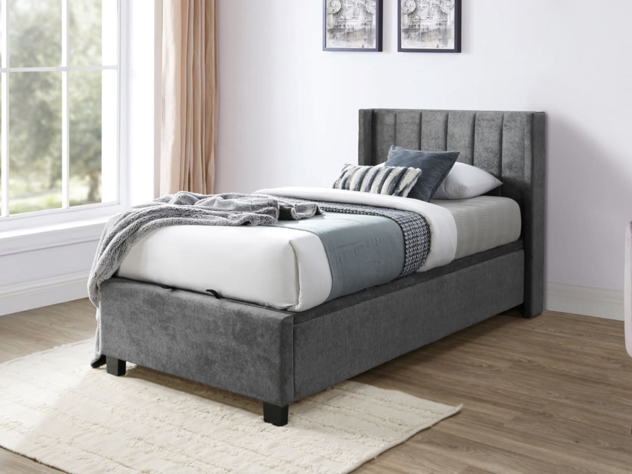 Webster Gas Lift Storage King Single Bed | Grey Fabric