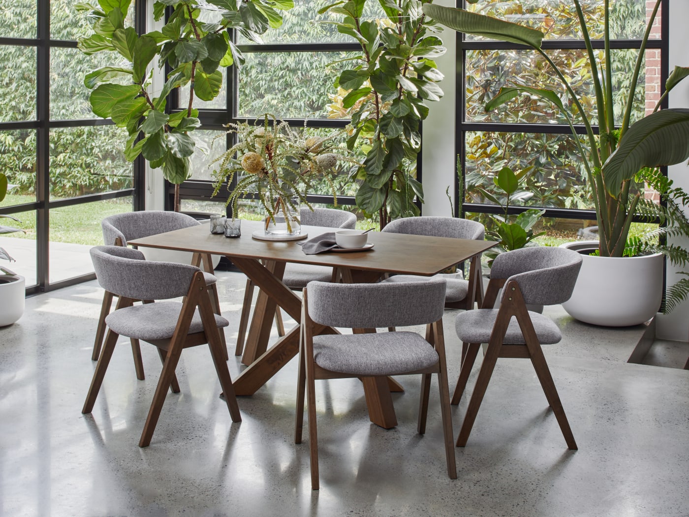 Gaudi 7PCE Hardwood Dining Set Rustic Walnut Grey Fabric