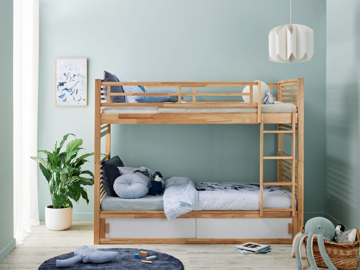 Rio King Single Bunk Bed with Storage Natural Hardwood Frame