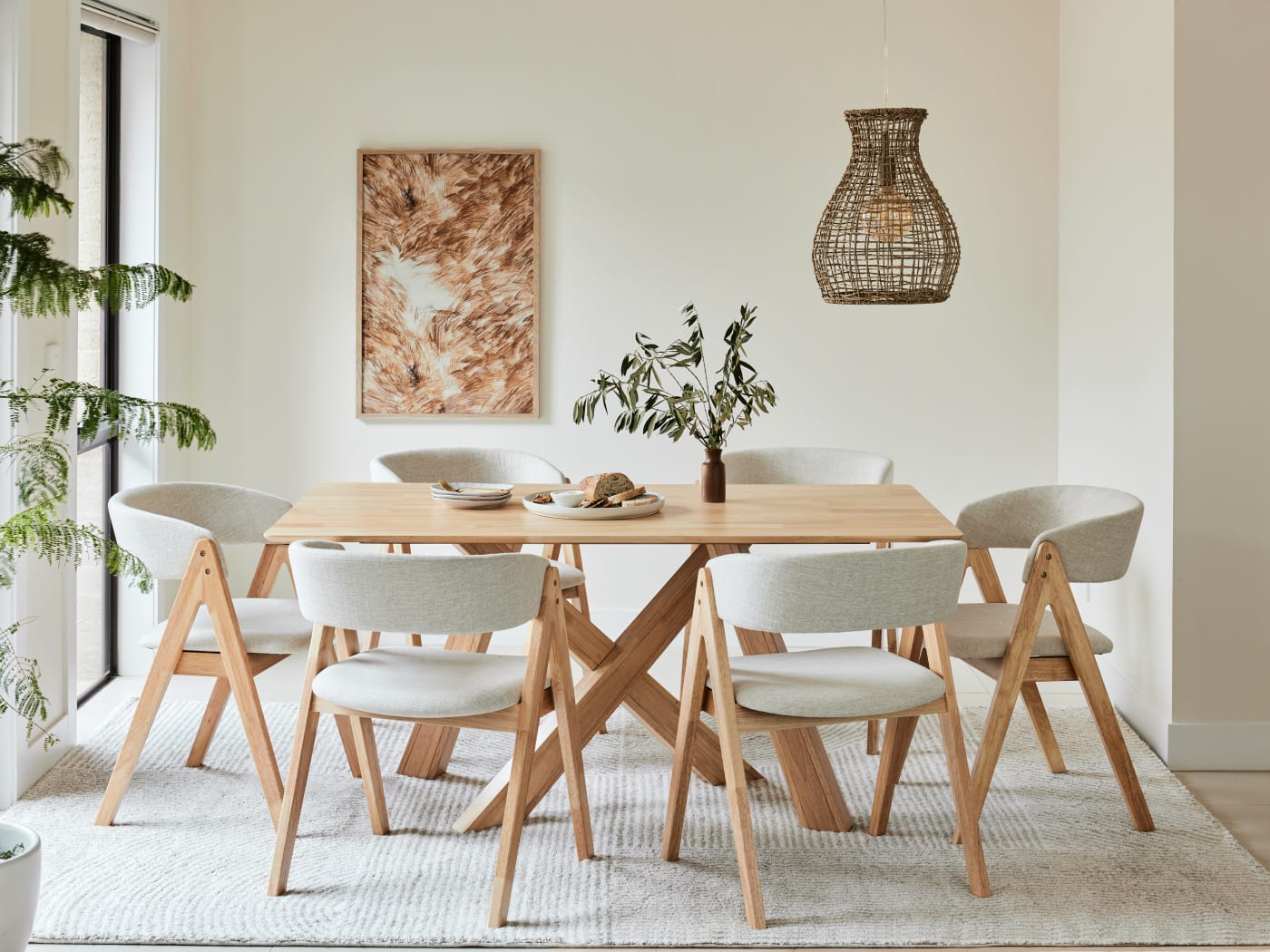 Gaudi 7PCE Natural Hardwood Dining Set Beige Fabric