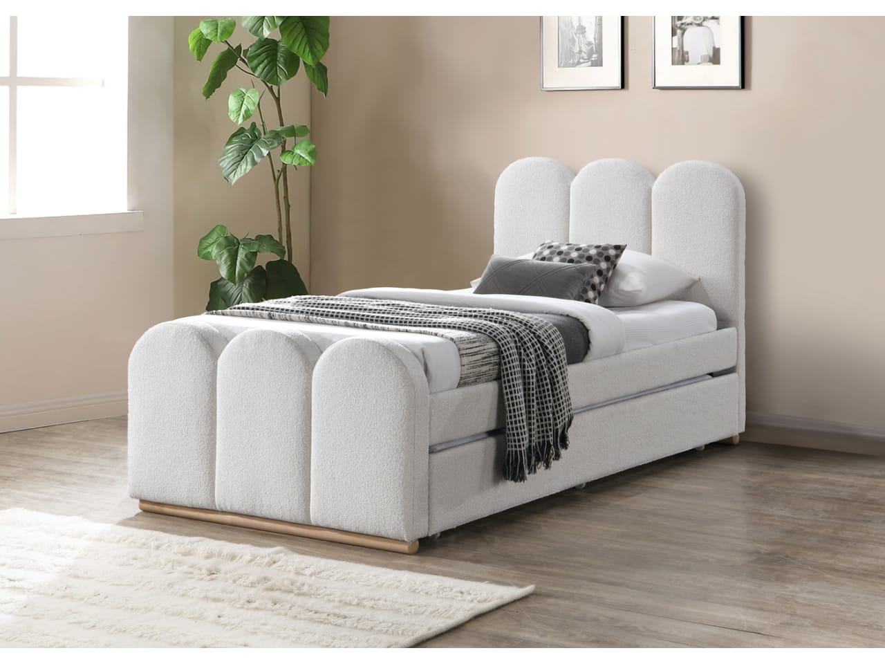 Arc King Single Trundle Bed | Boucle Beige Fabric