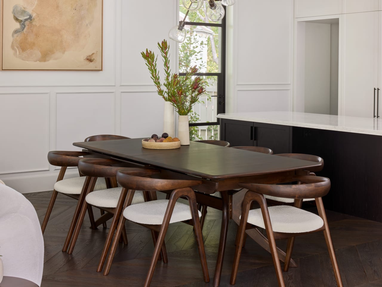 Manor 9PCE Extendable Dining Set | Arabica Walnut | Boucle Fabric