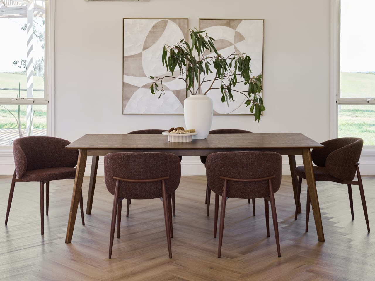 Vogue 7PCE Rustic Walnut Dining Set | Burgundy Fabric