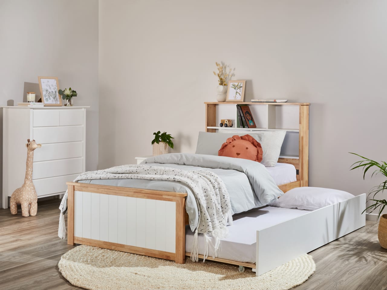 Myer Single Bed with Trundle | Natural Hardwood Frame