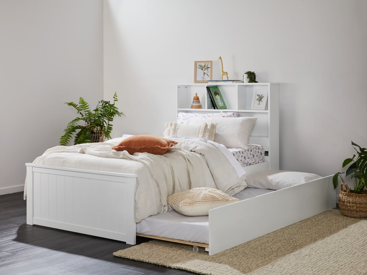 Myer White Single Bed with Trundle | Hardwood Frame