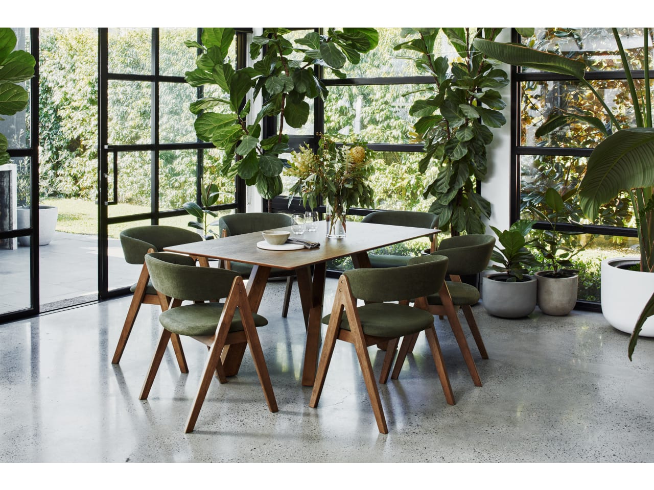 Gaudi 7PCE Hardwood Dining Set | Rustic Walnut | Green