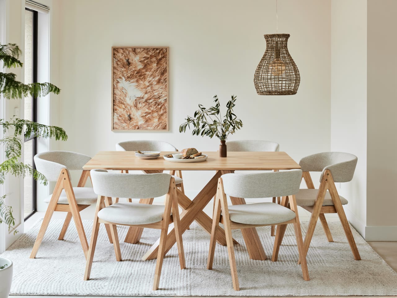 Gaudi 7PCE Natural Hardwood Dining Set | Beige Fabric