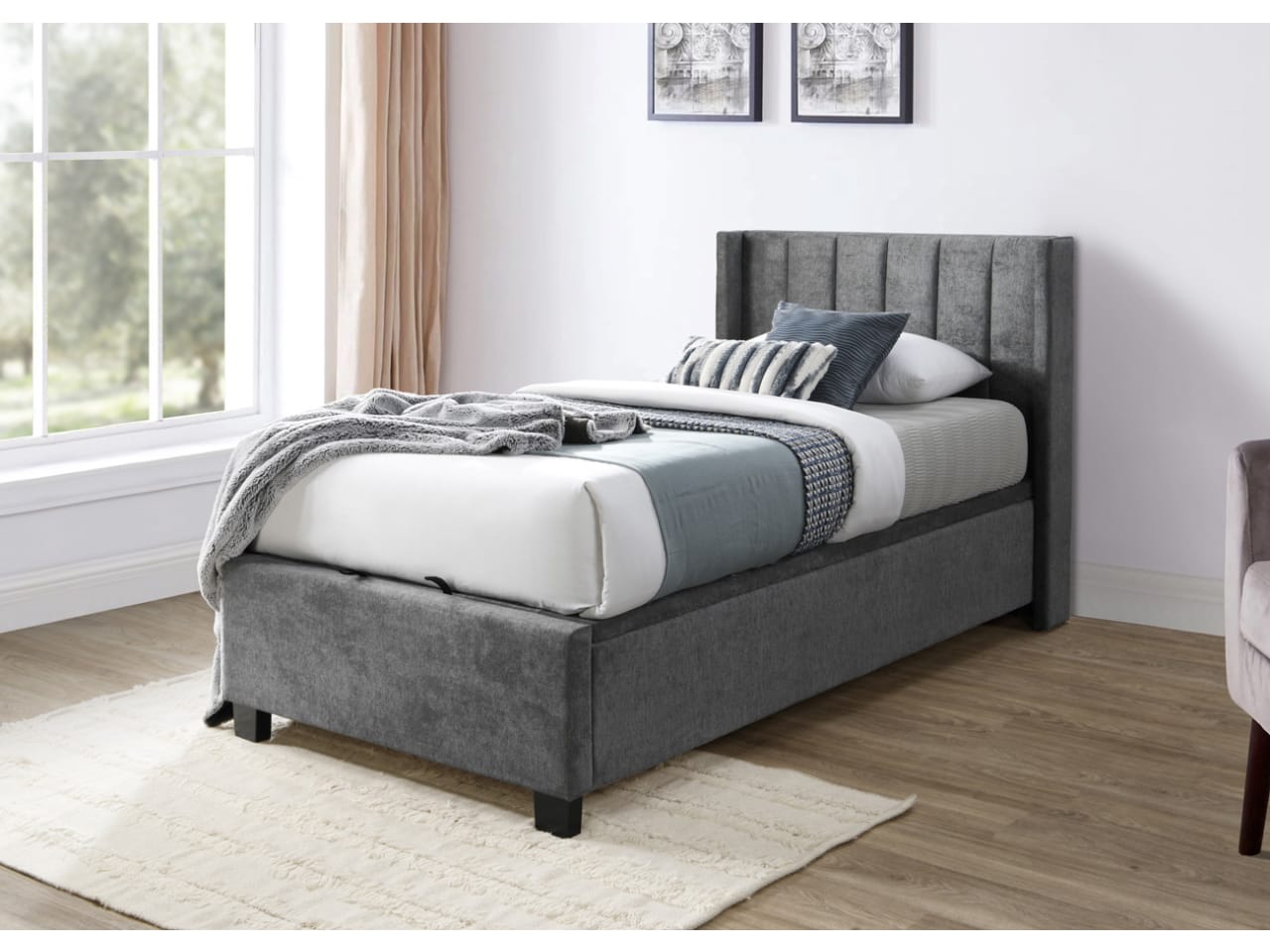 Webster Gas Lift Storage King Single Bed | Grey Fabric