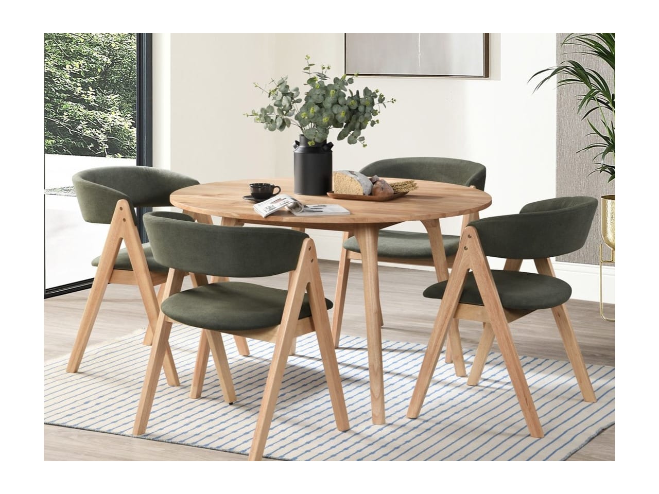 Oslo 5PCE Hardwood Dining Set | Natural | Green Fabric