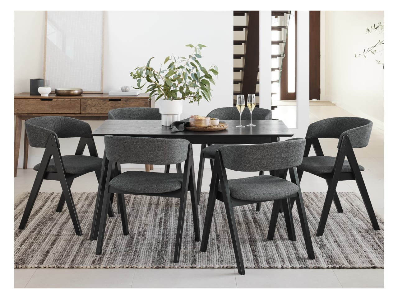 Cannes 7PCE Hardwood Black Dining Set | Charcoal Fabric