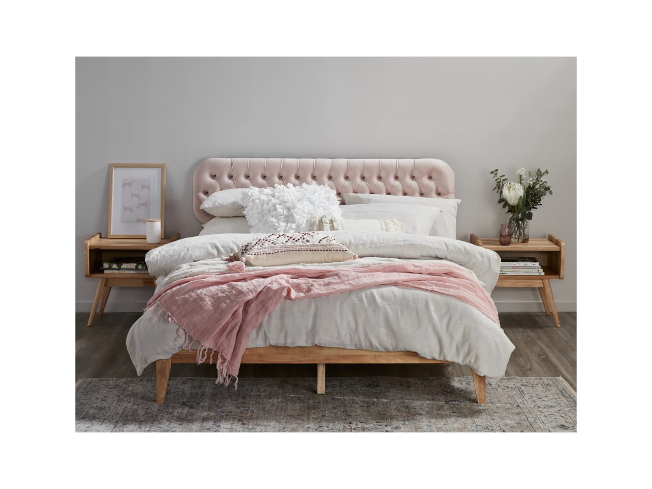 Halo Double Bed Frame | Natural Hardwood | Pink Fabric