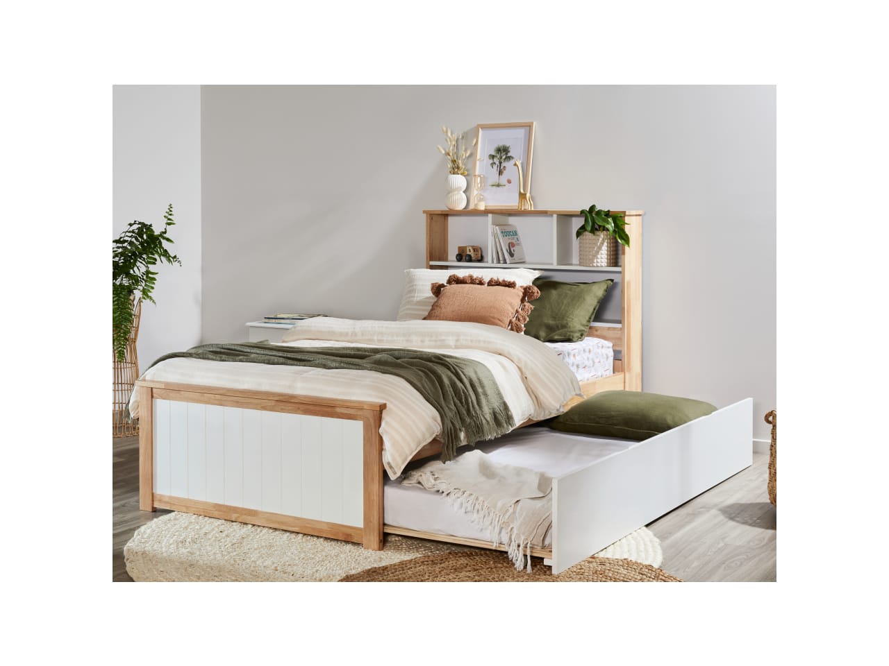 Myer King Single Bed with Trundle | Natural Hardwood Frame