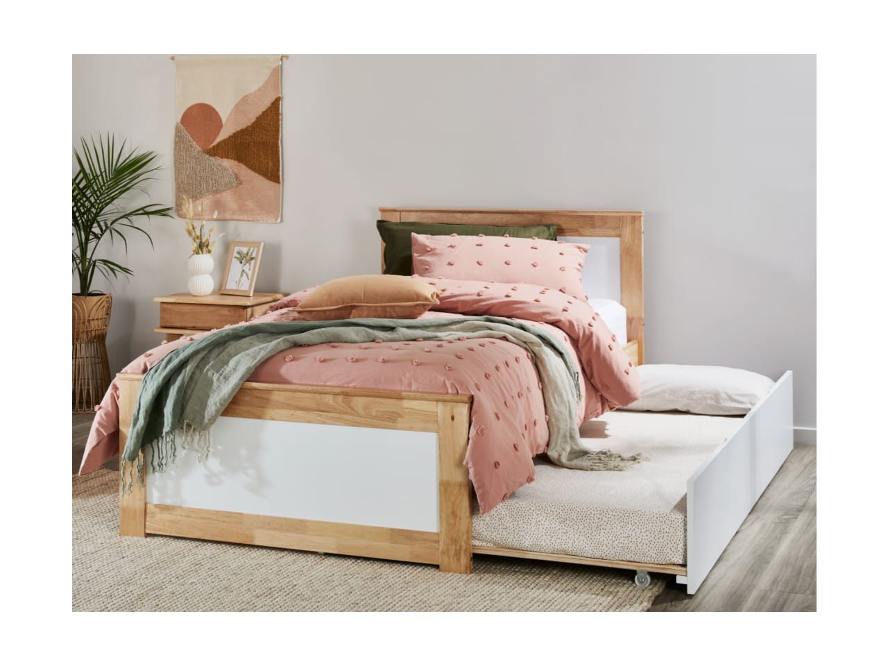 Coco King Single Bed with Trundle | Natural Hardwood Frame