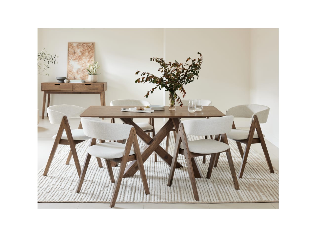 Gaudi 7PCE Hardwood Dining Set | Rustic Walnut | Beige Fabric