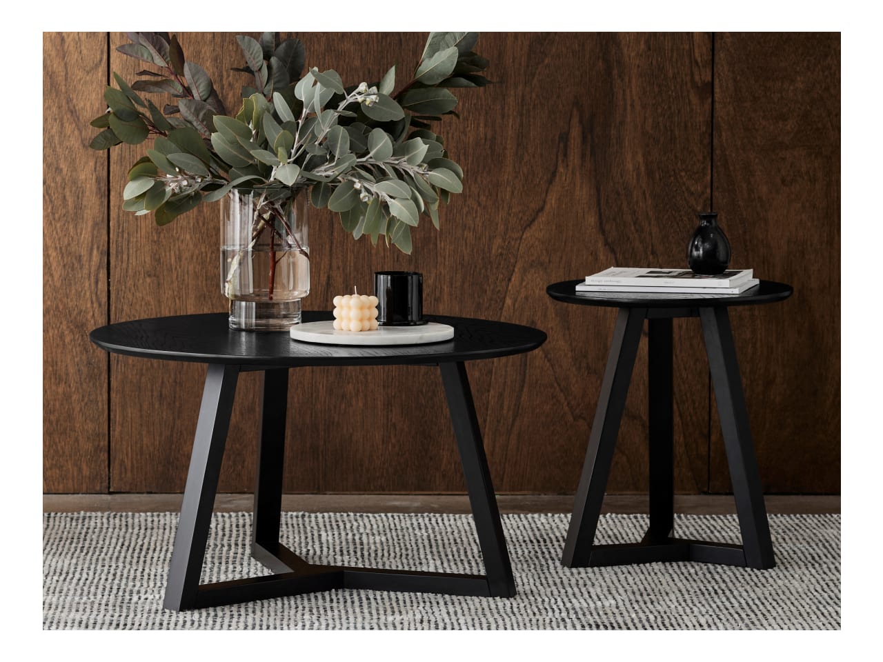 Cannes 2PCE Round Hardwood Coffee and Side Table Set | Black