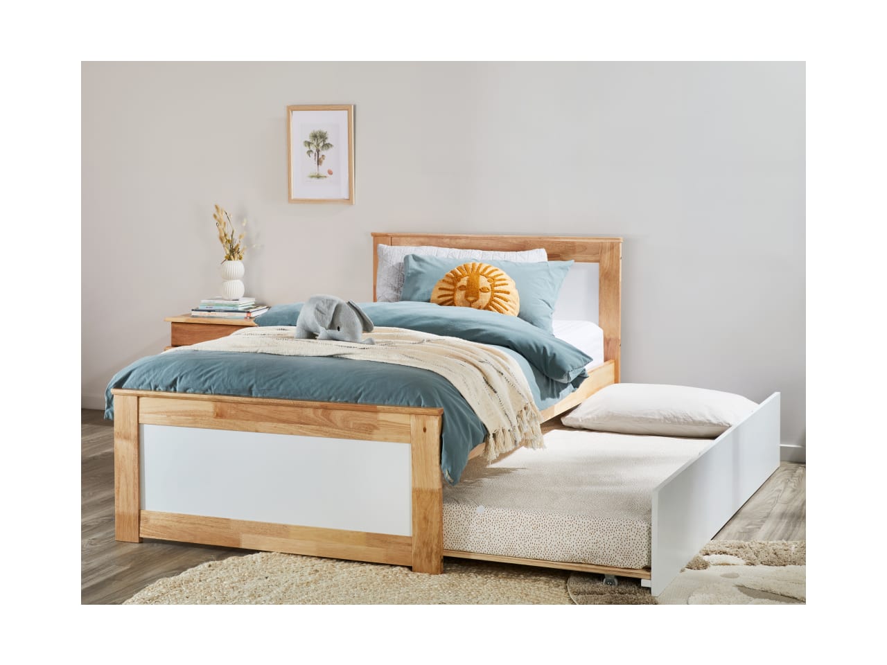 Coco Single Bed with Trundle | Natural Hardwood Frame
