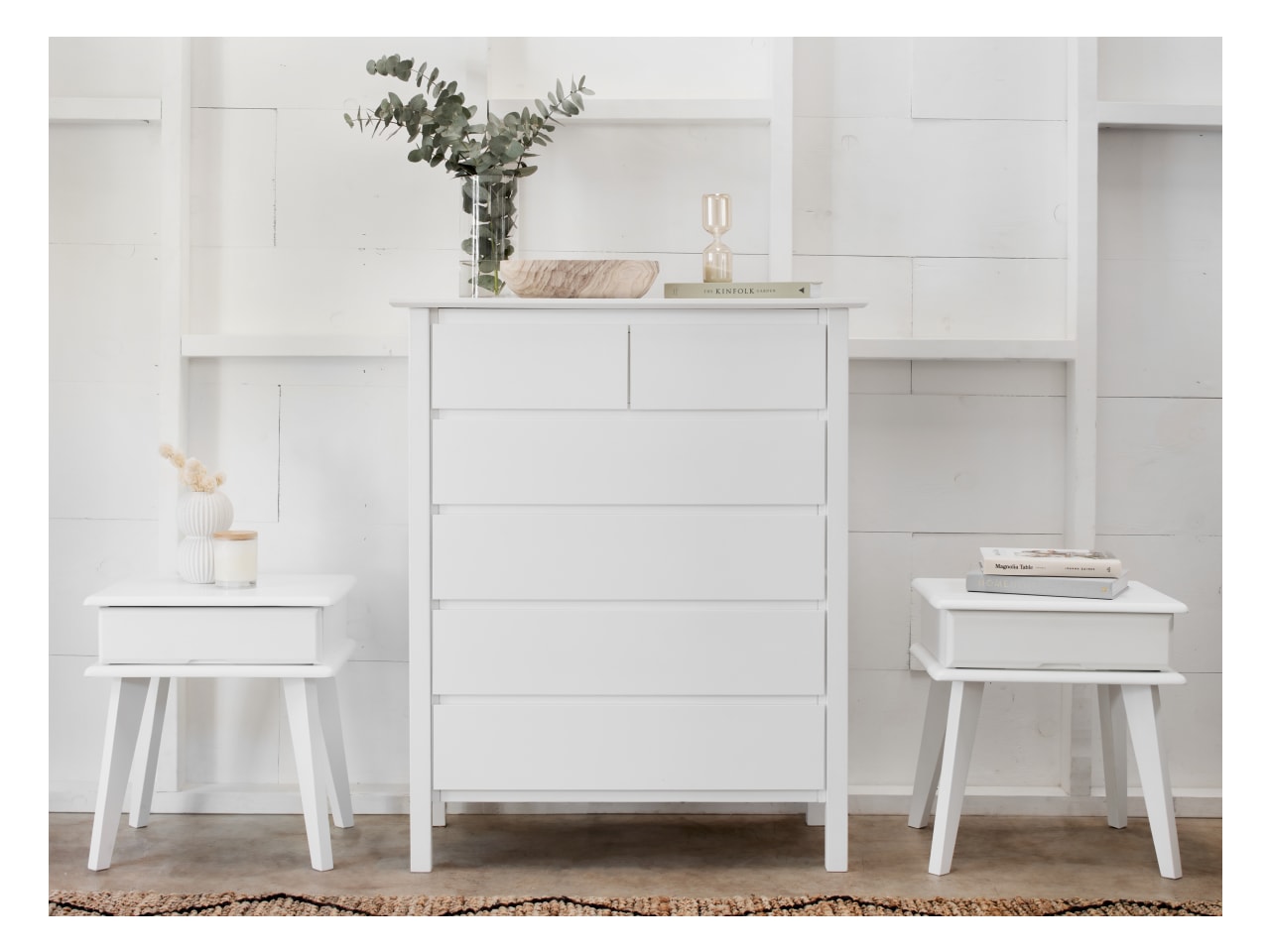 Ari 3PCE White Tallboy & Bedside Tables Set 