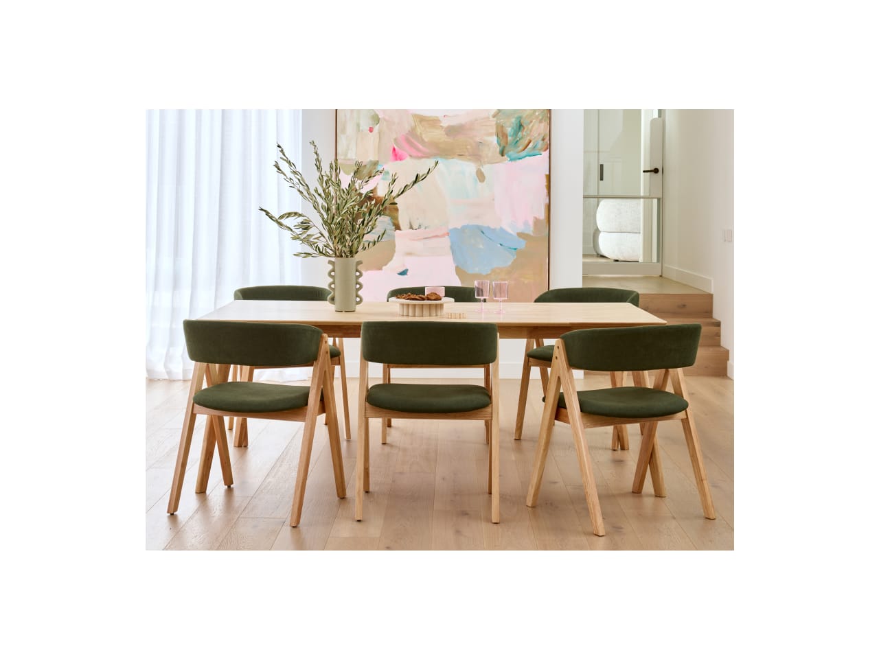 Gaudi 7PCE Natural Hardwood Dining Set | Green Fabric