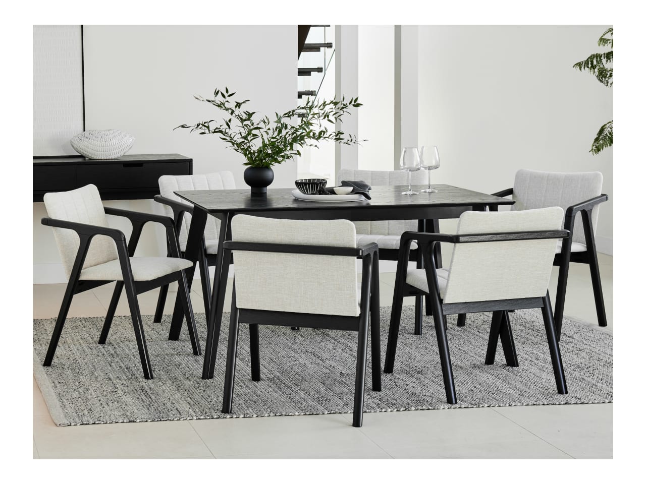 Elm 7PCE Black Hardwood Dining Set | Beige Fabric