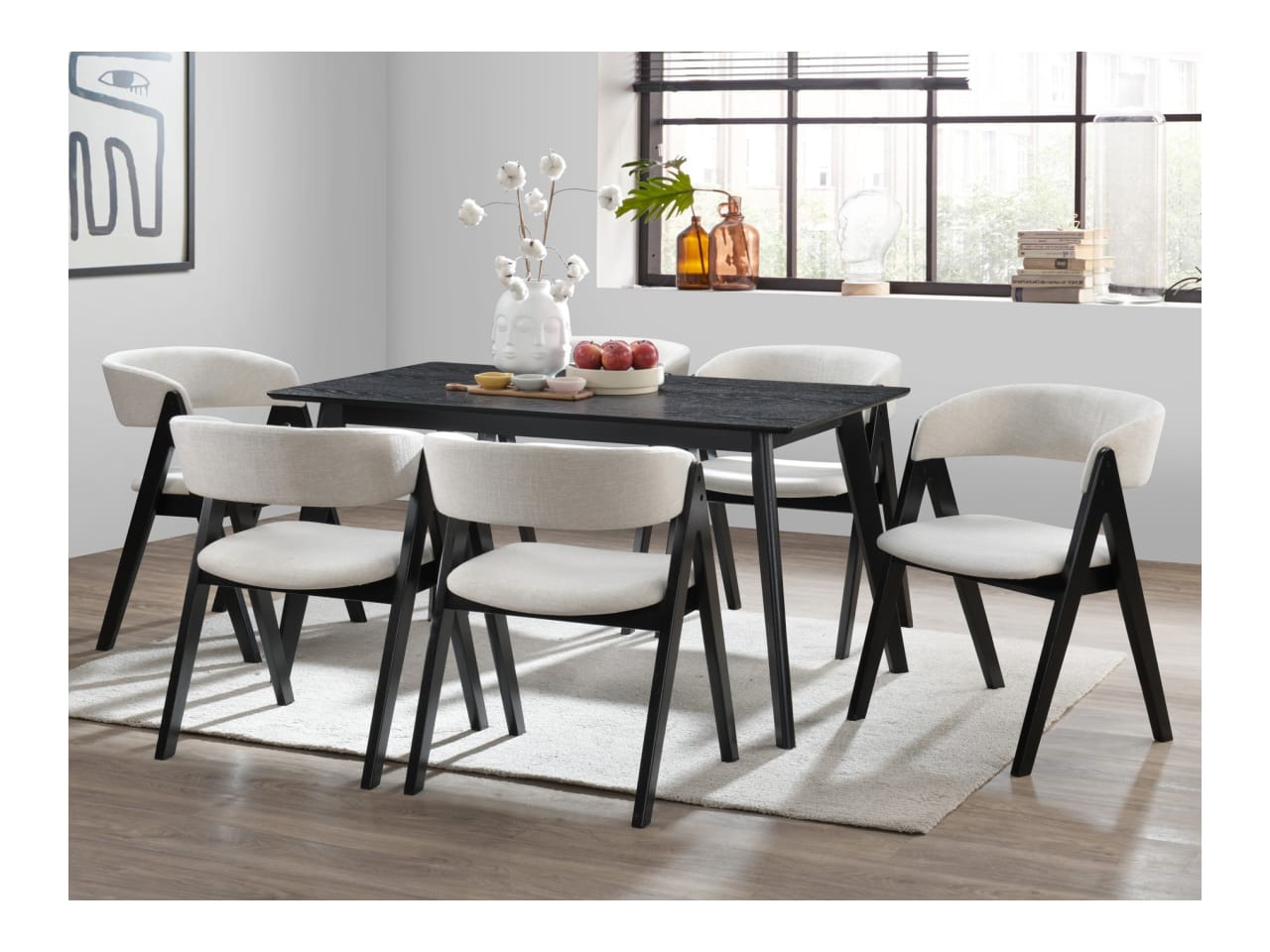 Cannes 7PCE Hardwood Black Dining Set | Beige Fabric