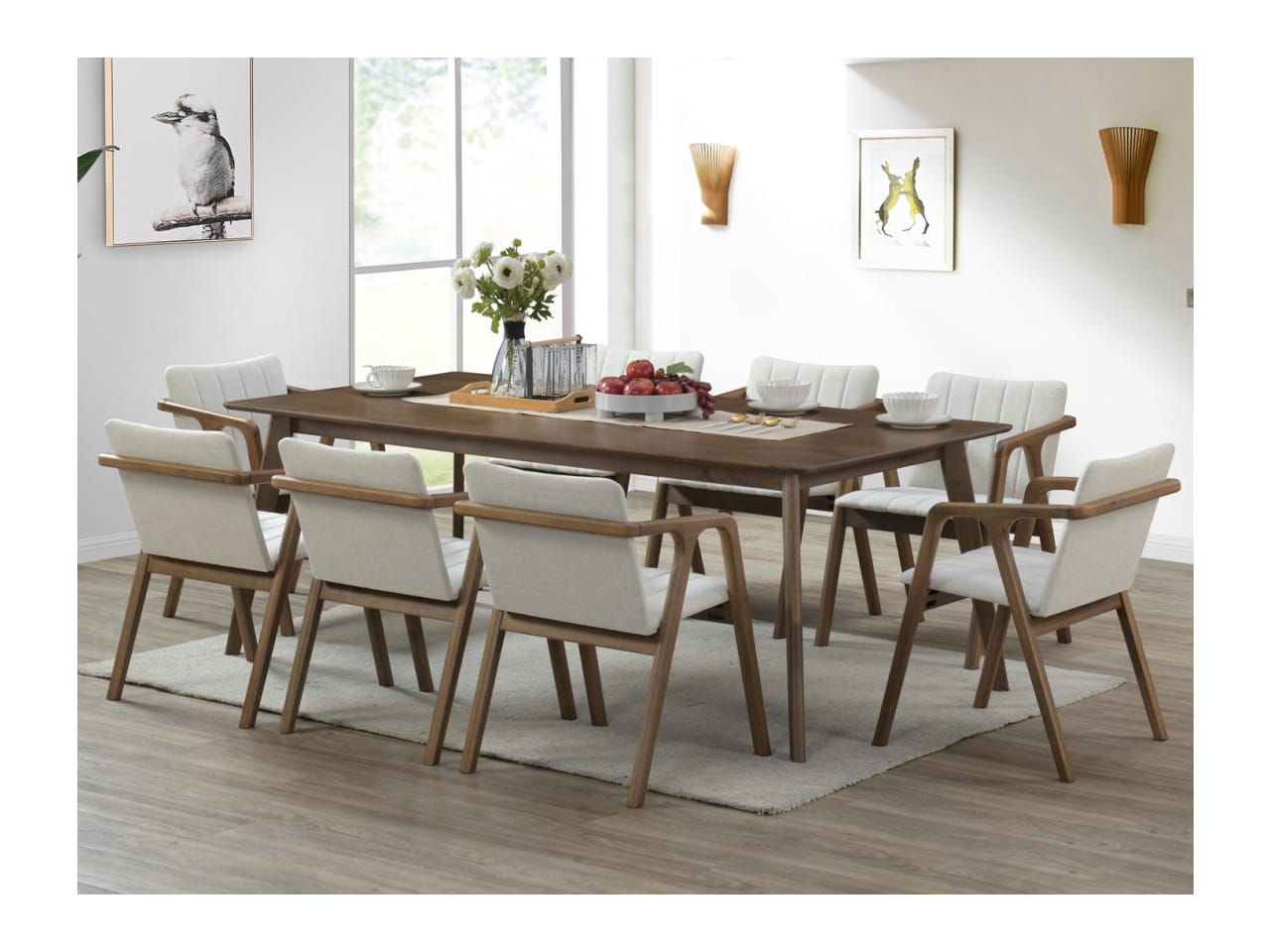 Elm 9PCE Hardwood Dining Set | Rustic Walnut & Beige Fabric