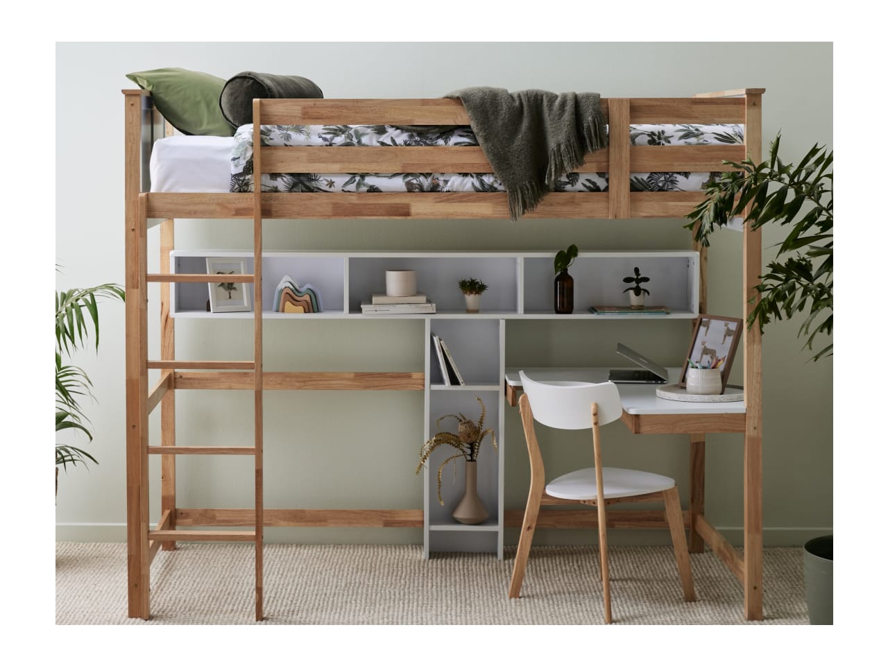 Buddy King Single Loft Bed with Desk and Shelves | Natural Hardwood Frame