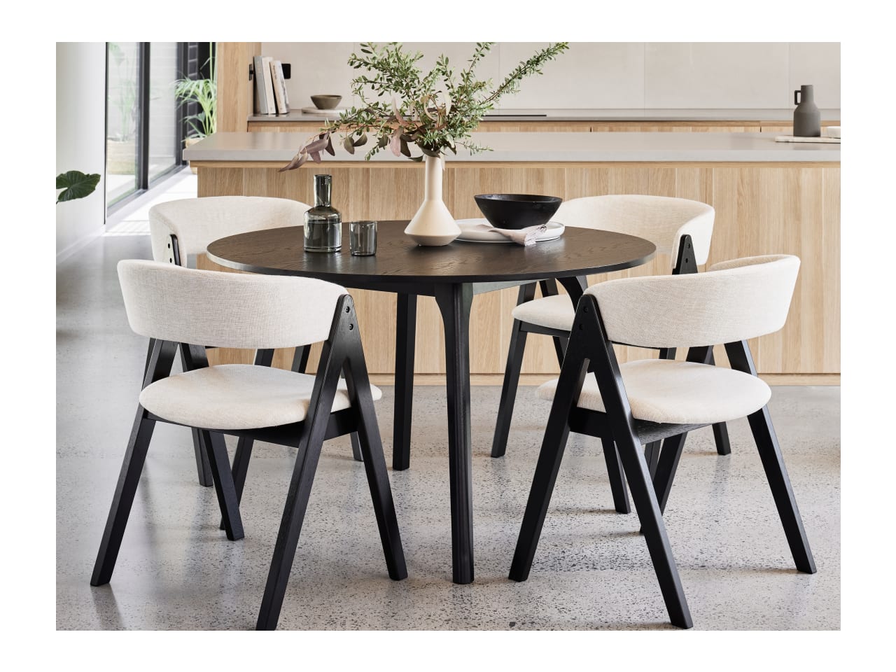 Oslo 5PCE Hardwood Round Dining Set | Black | Beige Fabric