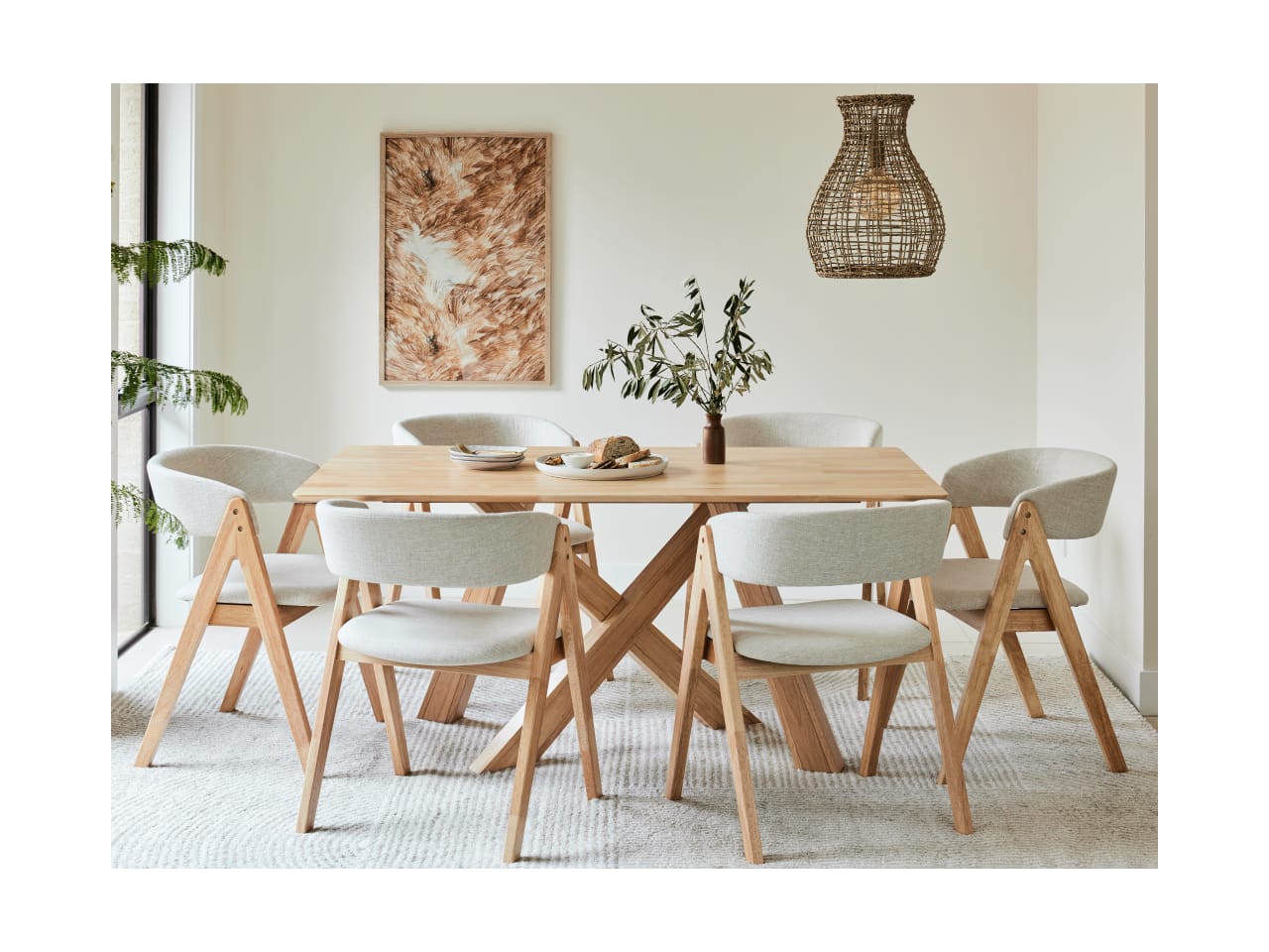 Gaudi 7PCE Natural Hardwood Dining Set | Beige Fabric