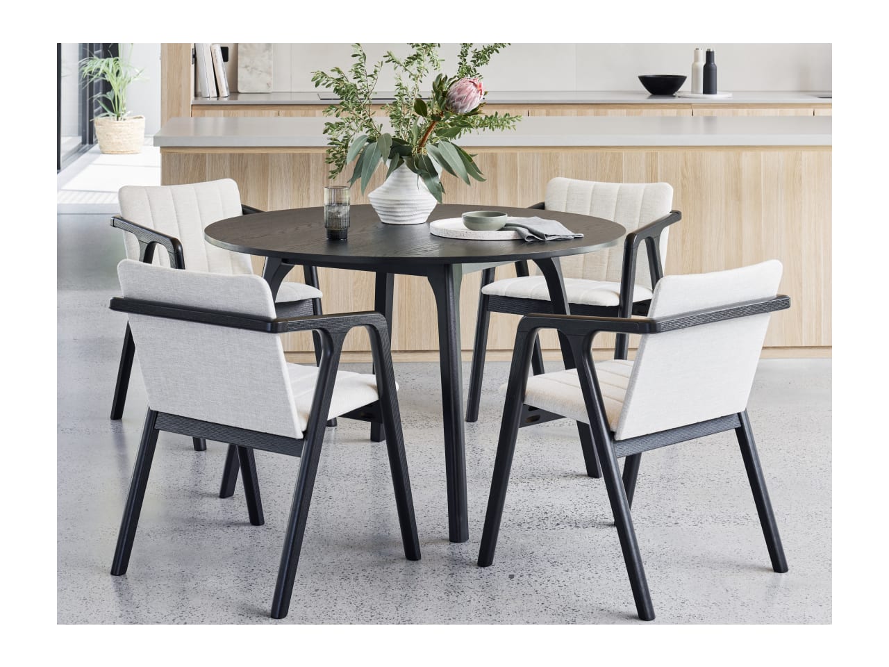 Elm 5PCE Black Hardwood Round Dining Set | Beige Fabric