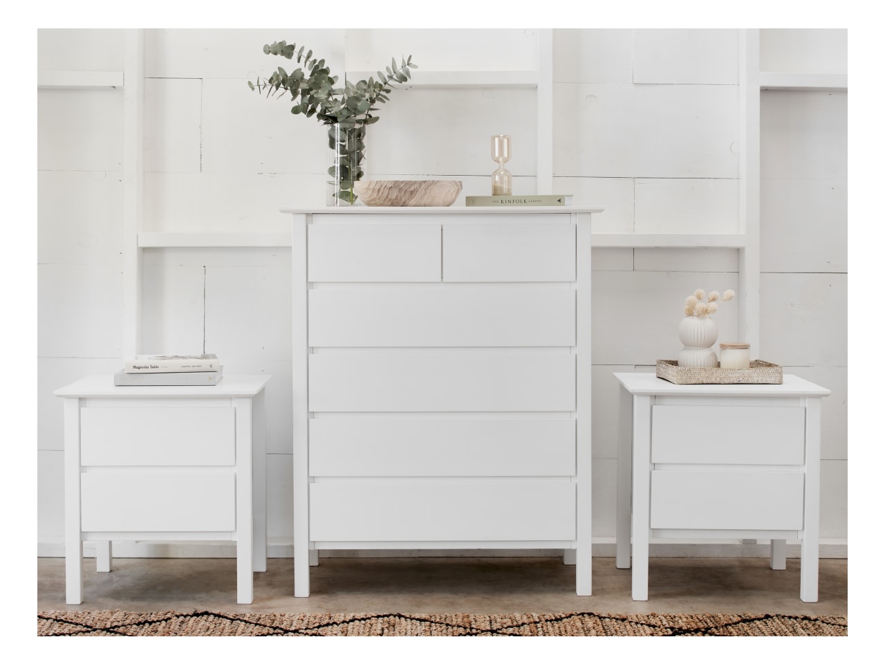 Myer 3PCE White Hardwood Tallboy & Bedside Table Set 