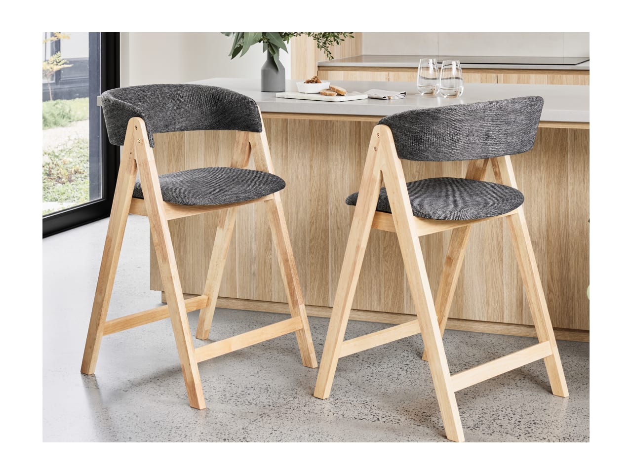Gaudi Hardwood Counter Bar Stool | Natural | Charcoal Fabric