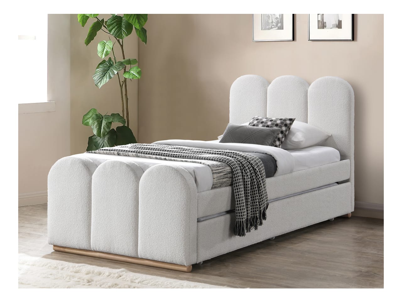 Arc King Single Trundle Bed | Boucle Beige Fabric