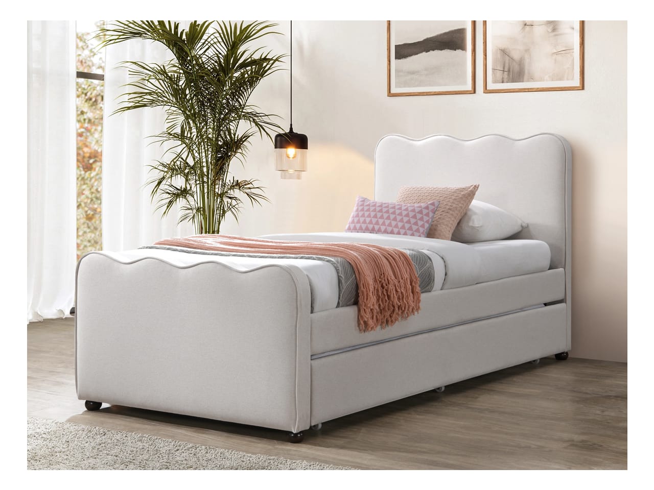 Lola King Single Trundle Bed | Beige Fabric
