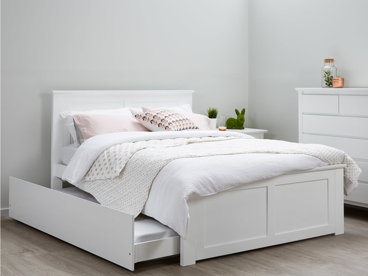 Coco White Double Bed with Trundle | Hardwood Frame