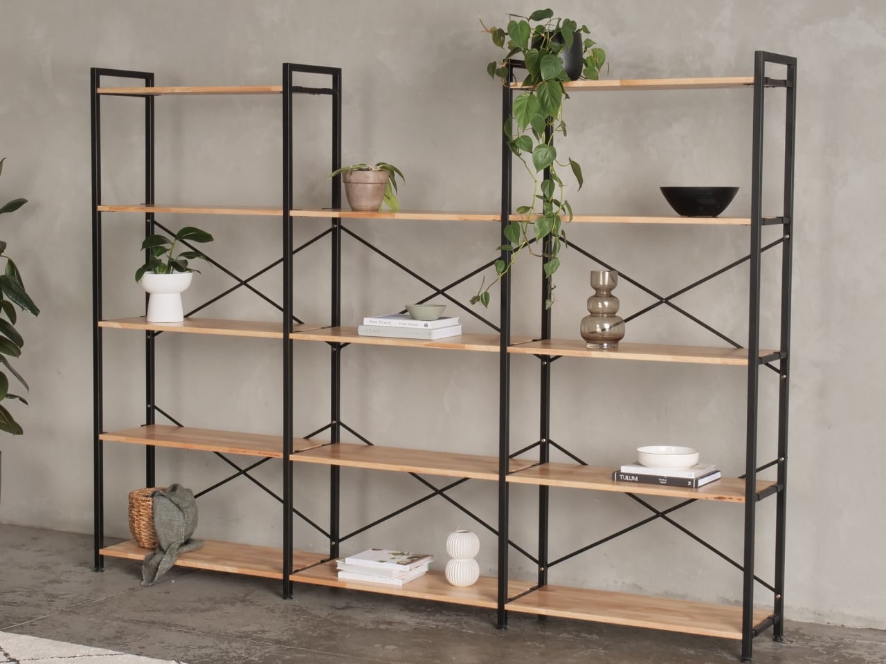 Axel 3PCE Modular Shelving Unit | Black Steel & Natural Hardwood | U-Shape (2500mm)