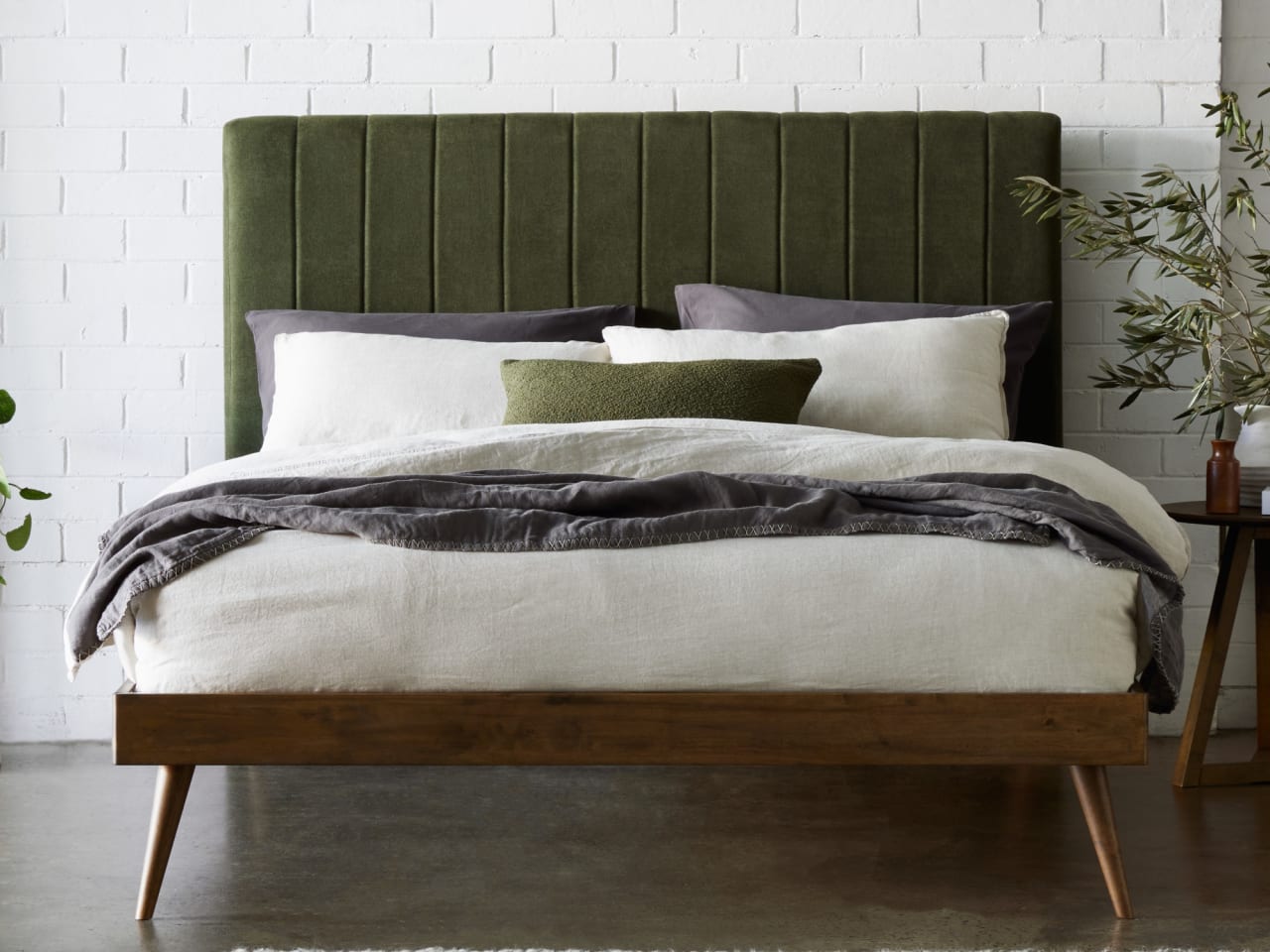 Franki 2PCE King Headboard and Bed Base Bundle | Rustic Walnut & Green Fabric