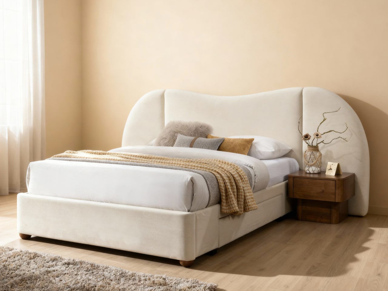 Angora Queen Storage Bed | Cream Mohair Style Fabric