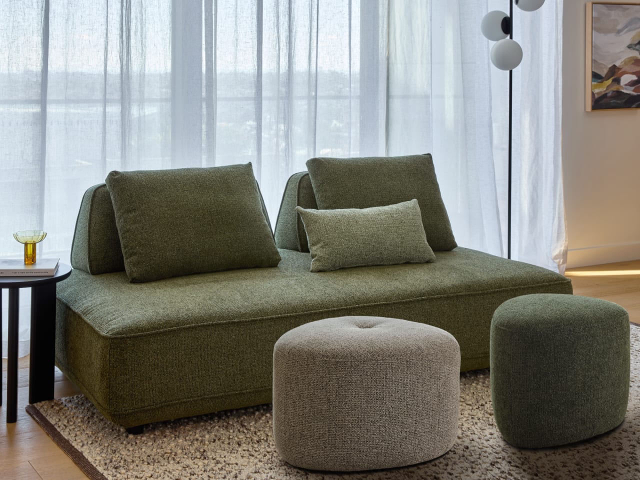 Bean 3PCE Sofa & Ottoman Package | Green & Oat Fabric