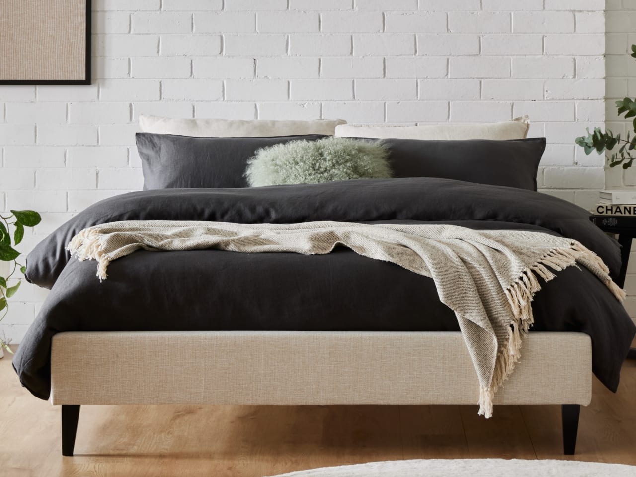 Cannes Queen Upholstered Bed Base | Beige Fabric