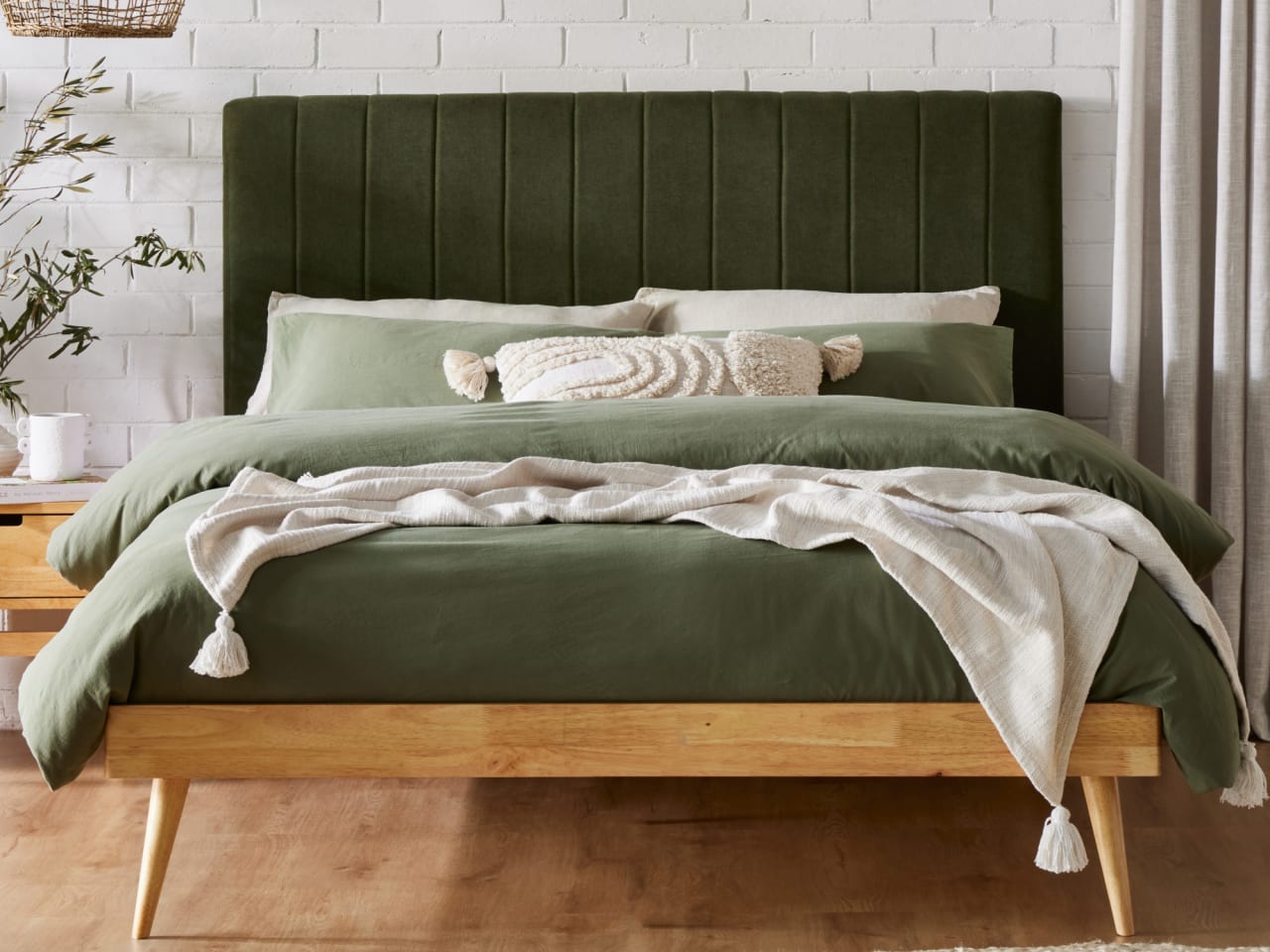 Franki 2PCE Queen Headboard and Bed Base Bundle | Natural & Green Fabric