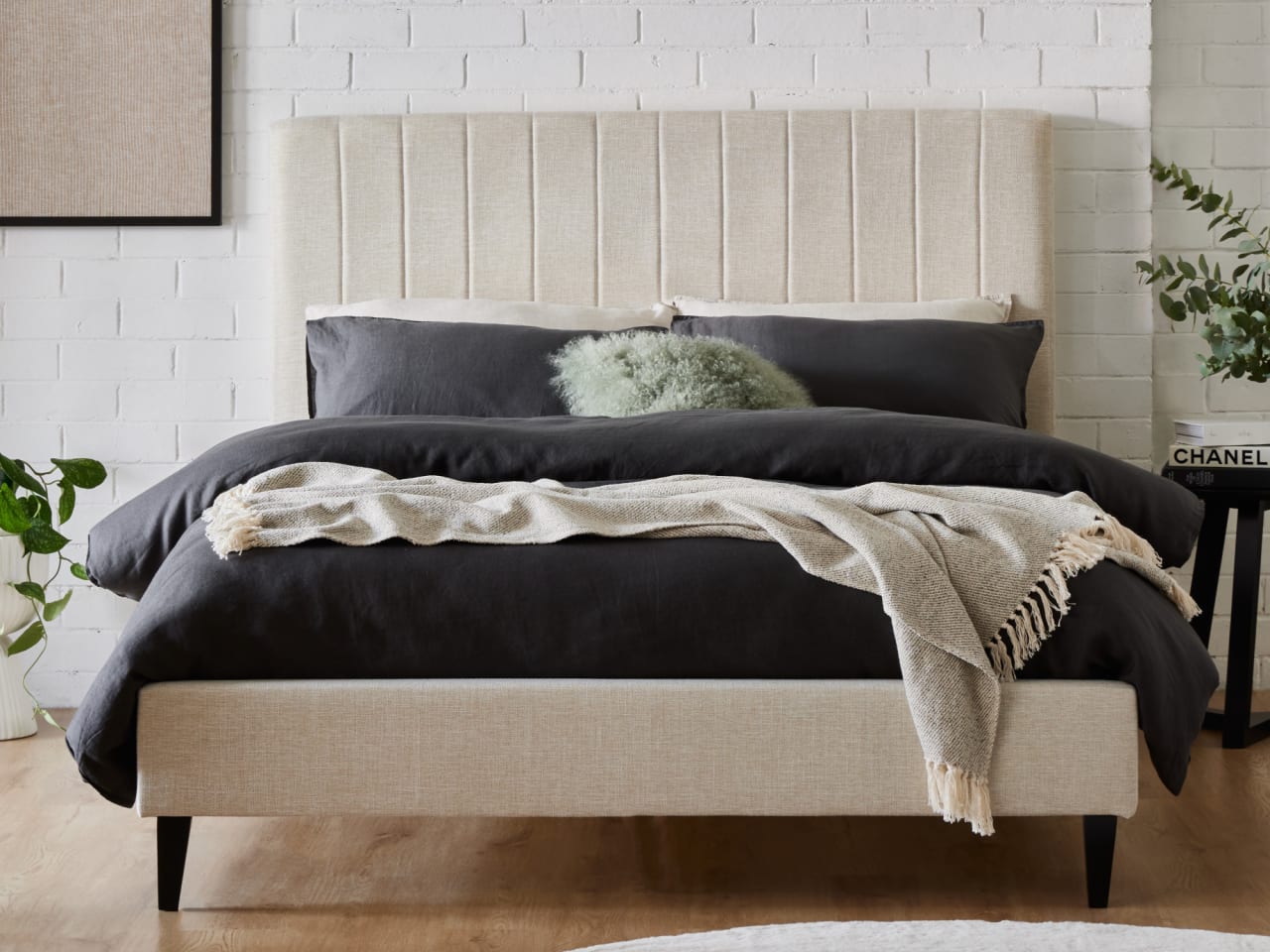 Cannes 2PCE King Upholstered Headboard and Bed Base Bundle | Beige Fabric