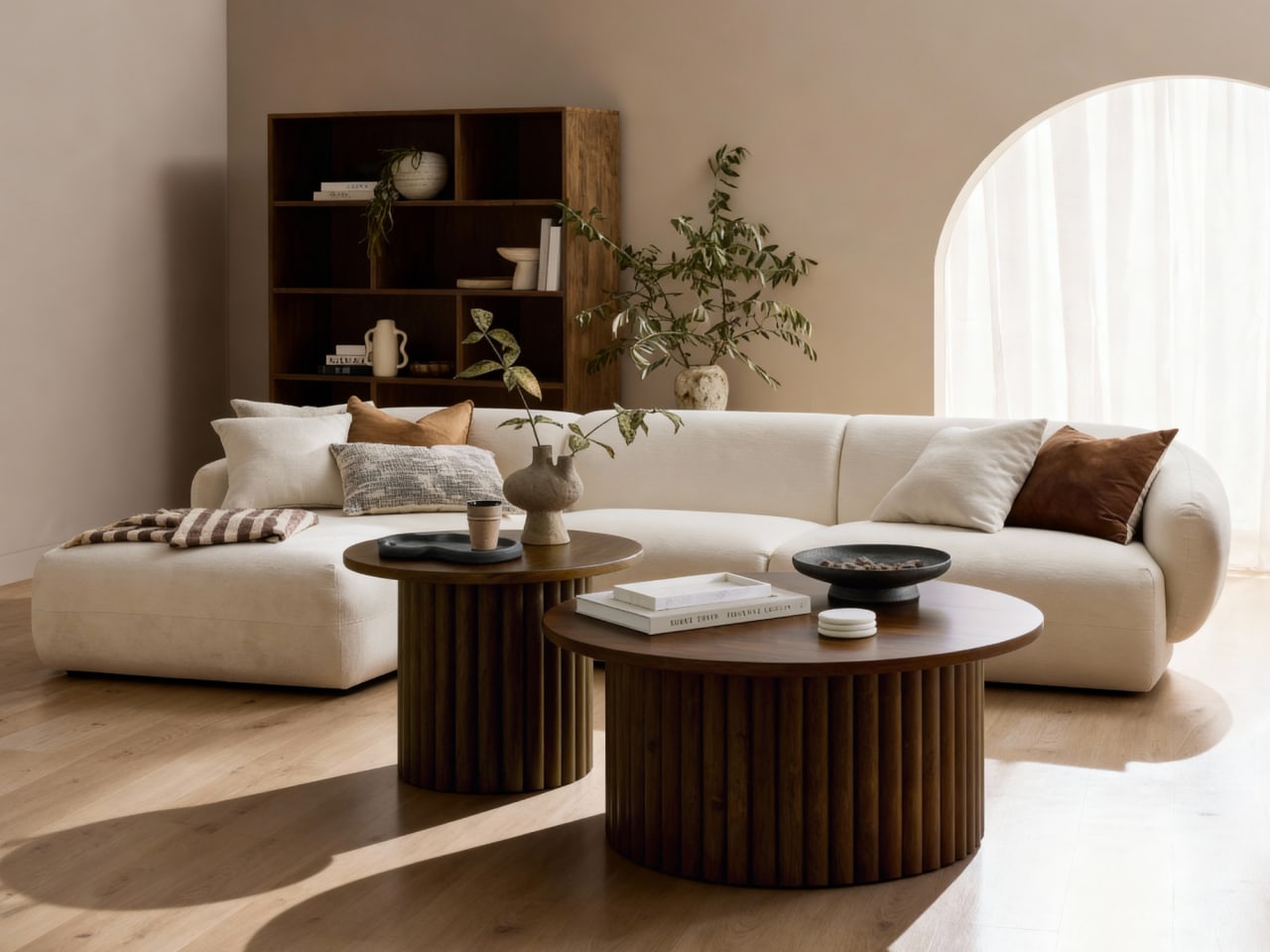 Courbe 3PCE Living Room Package | Left Chaise | White & Rustic Walnut