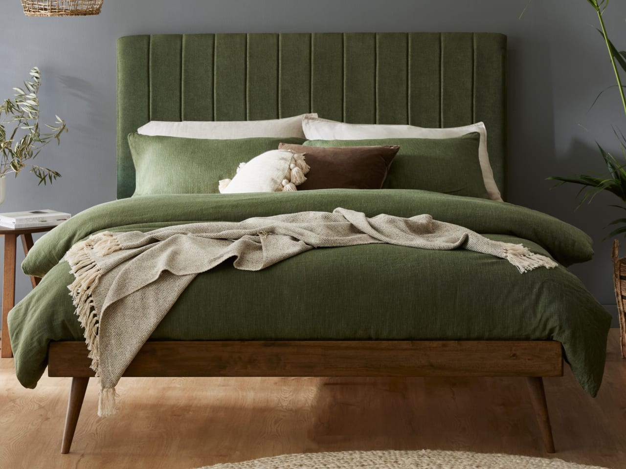 Franki 2PCE Double Headboard and Bed Base Bundle | Rustic Walnut & Green Fabric